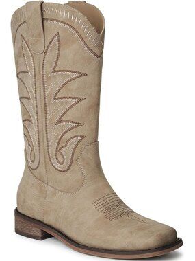 Women's Beige Western Wide Square Toe Cowgirl Boots Mid Calf Country Boots